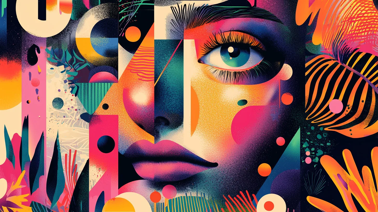 Generative art: a vividly coloured collage portrait built from layered geometric shapes