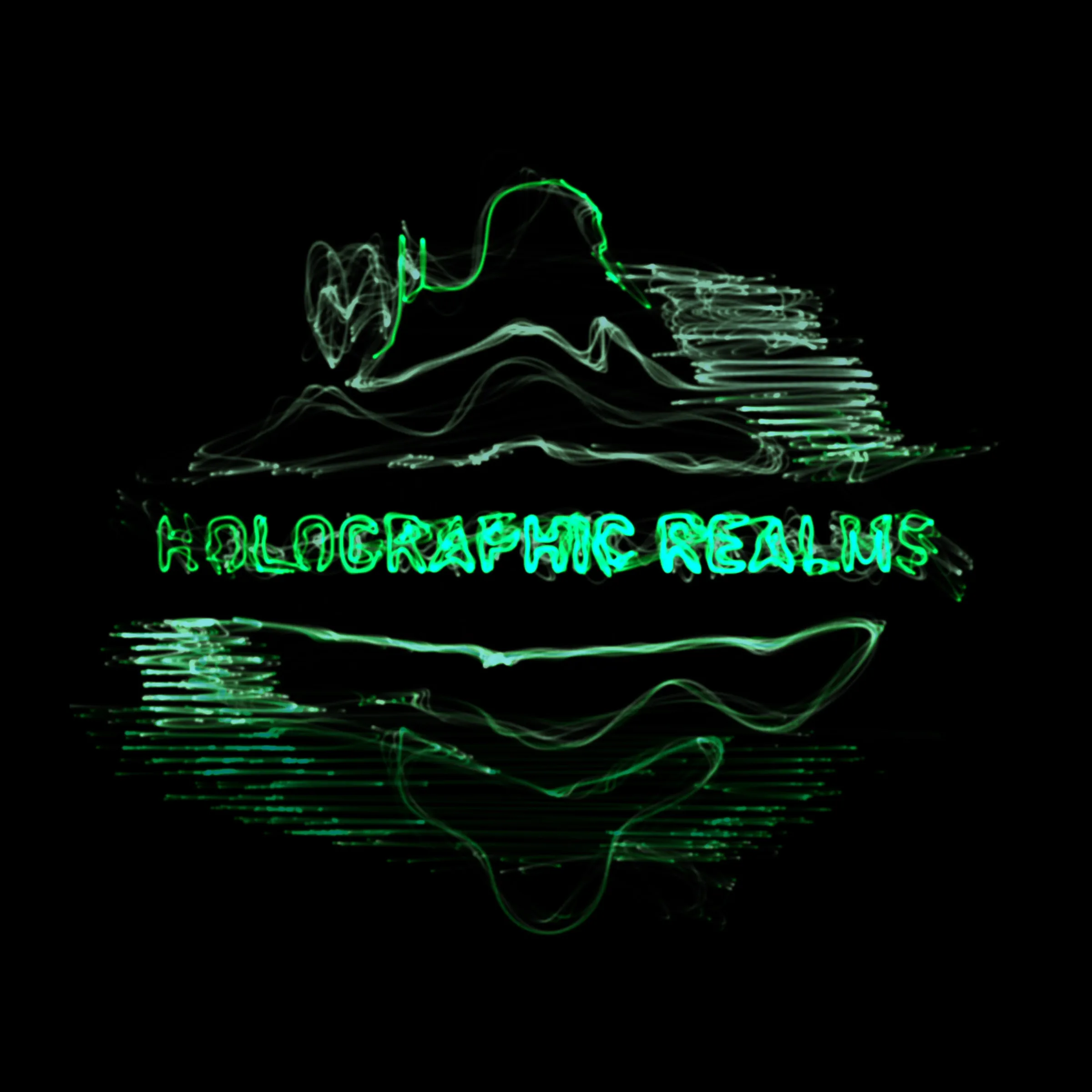 Oscilloscope art: green laser-trace waveforms drawing the words Holographic Realms